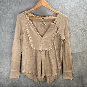Top Women Sz Small Linen Blend Knit Long Sleeve Baggy Cottage Boho